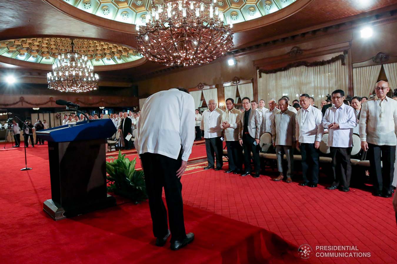 President Rodrigo Roa Duterte takes a bow before the newly appointed government officials during their oath-taking ceremony at the Malacañan Palace on October 28, 2019. KARL NORMAN ALONZO/PRESIDENTIAL PHOTO