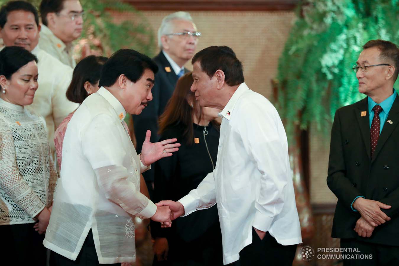 President Rodrigo Roa Duterte greets one of the guests during the oath-taking ceremony of newly appointed government officials at the Malacañan Palace on October 28, 2019. KARL NORMAN ALONZO/PRESIDENTIAL PHOTO