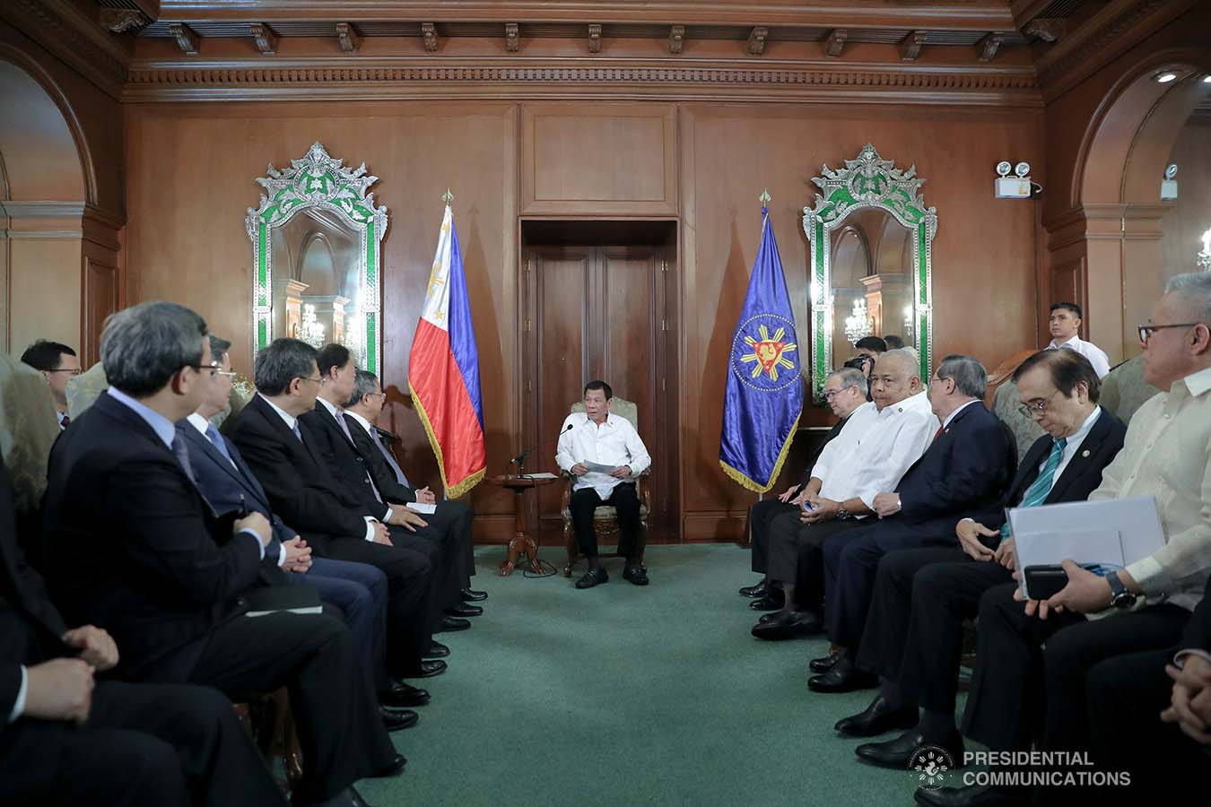 President Rodrigo Roa Duterte discusses matters with Vice Premier of the People's Republic of China Hu Chunhua who paid a courtesy call on the President at the Malacañan Palace on October 24, 2019. ALFRED FRIAS/PRESIDENTIAL PHOTO
