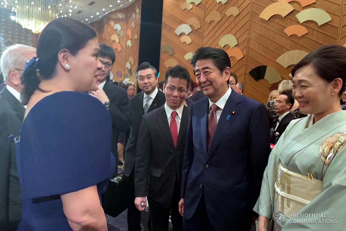 Photo from Davao City Mayor Sara Duterte-Carpio shows her sharing a light moment with Prime Minister Shinzo Abe and his wife Aki on the sidelines of the state banquet hosted by the Prime Minister at the Hotel New Otani in Tokyo, Japan on October 23, 2019. PRESIDENTIAL PHOTO