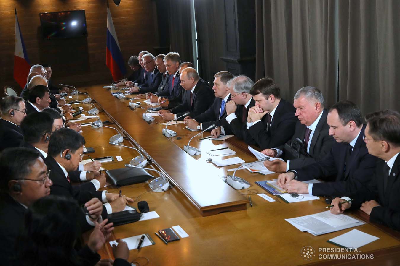 President Rodrigo Roa Duterte and the members of his delegation hold a bilateral meeting with Russian President Vladimir Putin at the Polyana 1389 Hotel in Sochi on October 3, 2019. KING RODRIGUEZ/PRESIDENTIAL PHOTO
