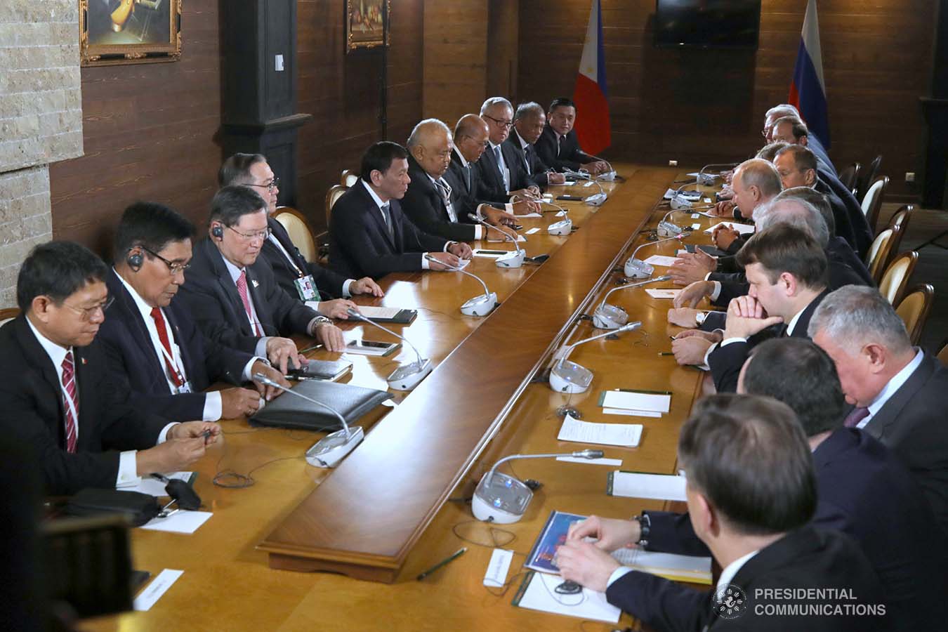 President Rodrigo Roa Duterte and the members of his delegation hold a bilateral meeting with Russian President Vladimir Putin at the Polyana 1389 Hotel in Sochi on October 3, 2019. KING RODRIGUEZ/PRESIDENTIAL PHOTO