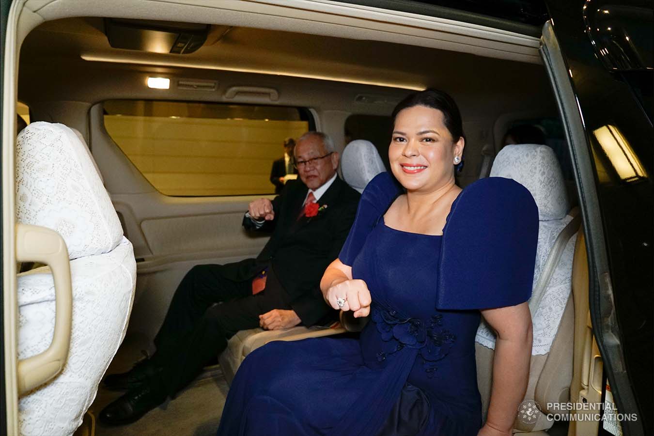 President Rodrigo Roa Duterte's daughter, Davao City Mayor Sara Duterte-Carpio, strikes her father's signature pose as she prepares to depart from the Hotel New Otani in Tokyo, Japan after attending the state banquet hosted by Prime Minister Shinzo Abe on October 23, 2019. KING RODRIGUEZ/PRESIDENTIAL PHOTO