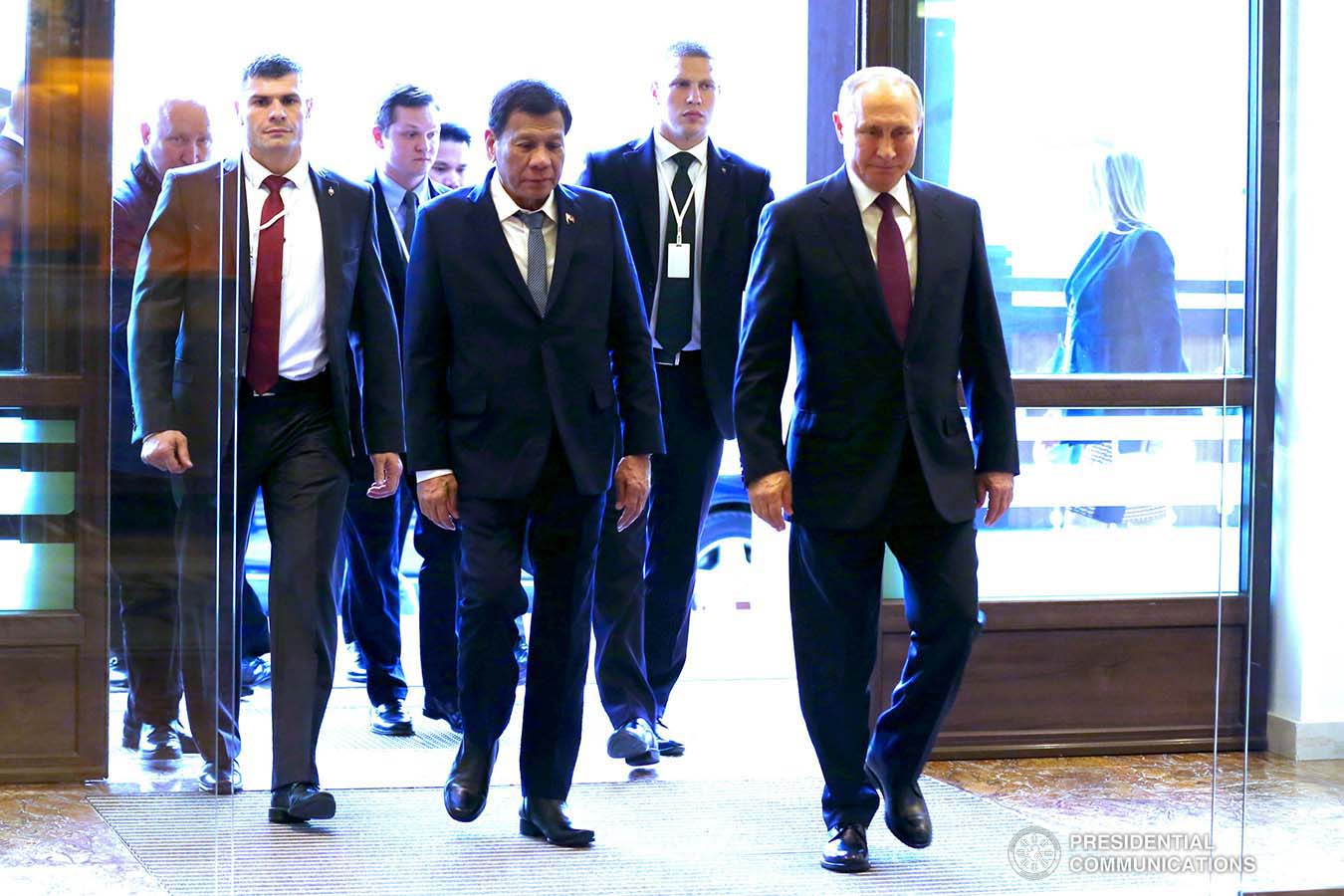 President Rodrigo Roa Duterte is accompanied by Russian President Vladimir Putin upon his arrival at the Polyana 1389 Hotel in Sochi for their bilateral meeting on October 3, 2019. RICHARD MADELO/PRESIDENTIAL PHOTO