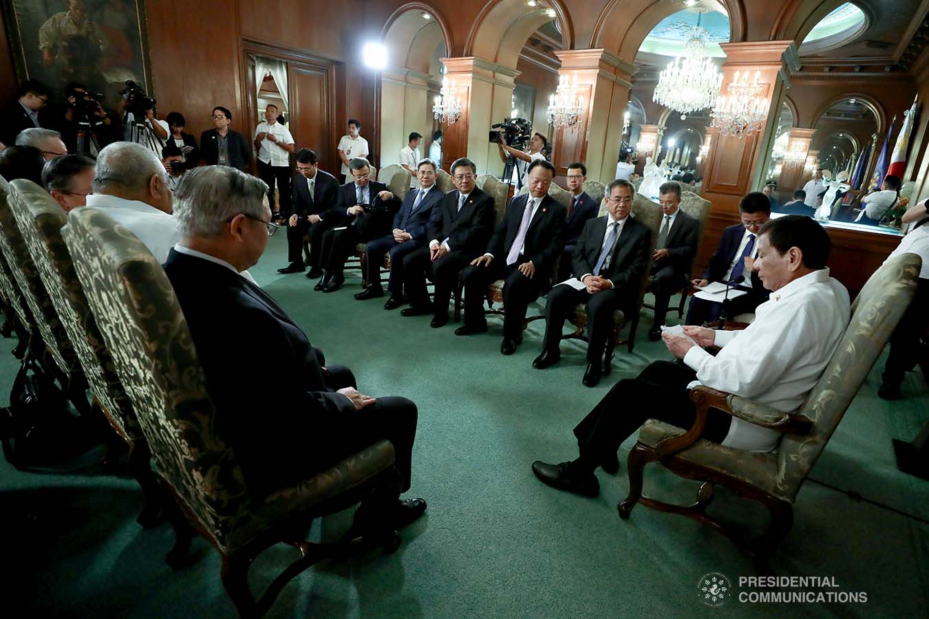 President Rodrigo Roa Duterte discusses matters with Vice Premier of the People's Republic of China Hu Chunhua who paid a courtesy call on the President at the Malacañan Palace on October 24, 2019. RICHARD MADELO/PRESIDENTIAL PHOTO