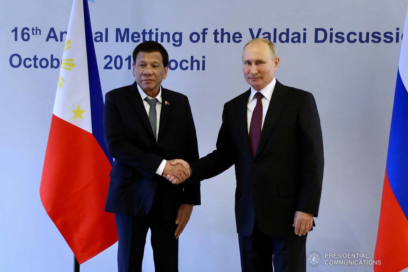President Rodrigo Roa Duterte and Russian President Vladimir Putin pose for posterity prior to the start of the 16th Annual Meeting of the Valdai Discussion Club at the Polyana 1389 Hotel in Sochi on October 3, 2019. RICHARD MADELO/PRESIDENTIAL PHOTO