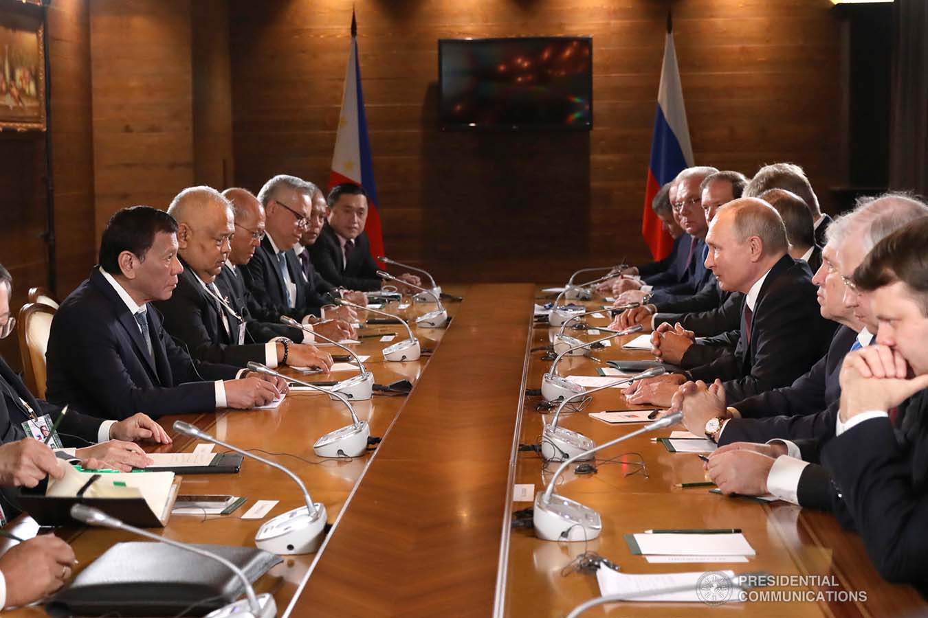 President Rodrigo Roa Duterte and the members of his delegation hold a bilateral meeting with Russian President Vladimir Putin at the Polyana 1389 Hotel in Sochi on October 3, 2019. RICHARD MADELO/PRESIDENTIAL PHOTO