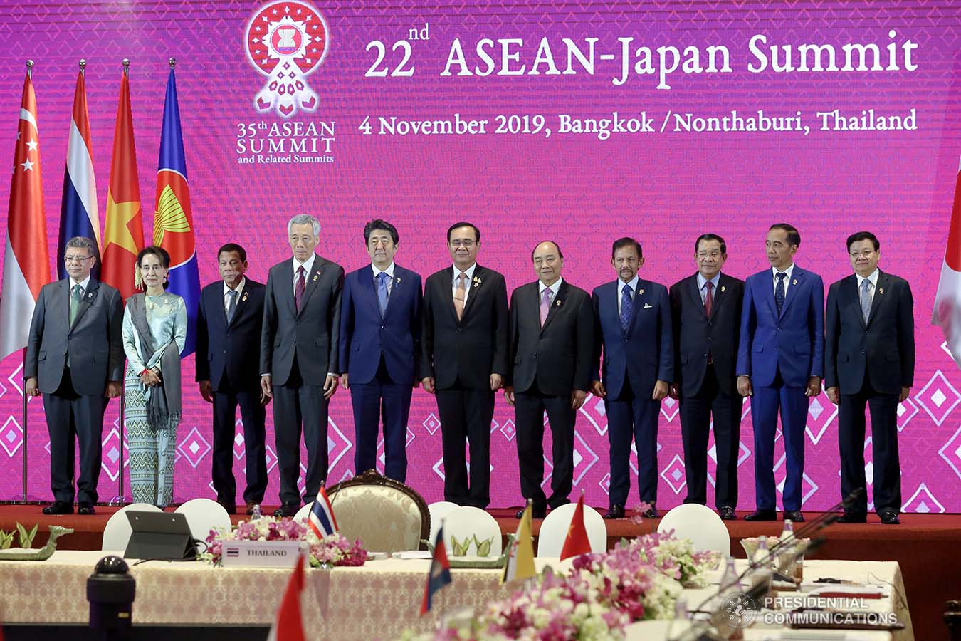 President Rodrigo Roa Duterte poses for posterity with other leaders from the Association of Southeast Asian Nations (ASEAN) member countries and Prime Minister of Japan Shinzo Abe during the 22nd ASEAN-Japan Summit at the Impact Exhibition and Convention Center in Nonthaburi, Thailand on November 4, 2019. ALBERT ALCAIN/PRESIDENTIAL PHOTO