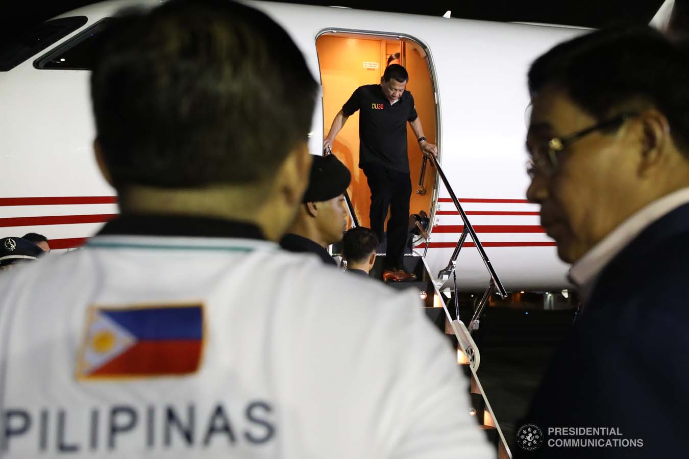 President Rodrigo Roa Duterte disembarks from a plane upon his arrival at the Villamor Air Base in Pasay City on November 4, 2019 following his successful participation in the 35th Association of Southeast Asian Nations (ASEAN) Summit and Related Summits in the Kingdom of Thailand. ROBINSON NIÑAL JR./PRESIDENTIAL PHOTO