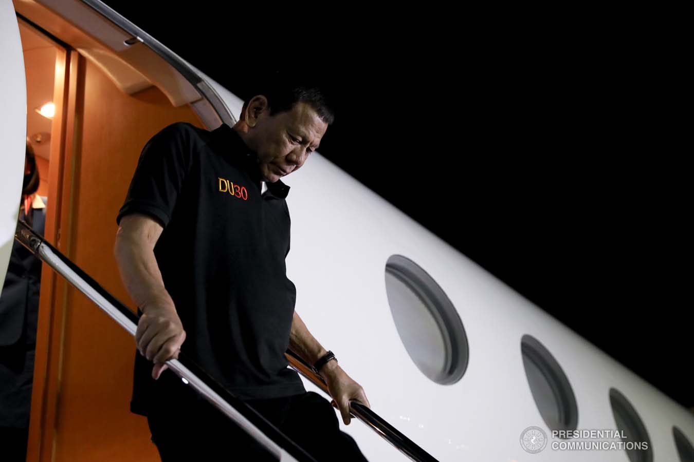 President Rodrigo Roa Duterte disembarks from a plane upon his arrival at the Villamor Air Base in Pasay City on November 4, 2019 following his successful participation in the 35th Association of Southeast Asian Nations (ASEAN) Summit and Related Summits in the Kingdom of Thailand. KARL NORMAN ALONZO/PRESIDENTIAL PHOTO