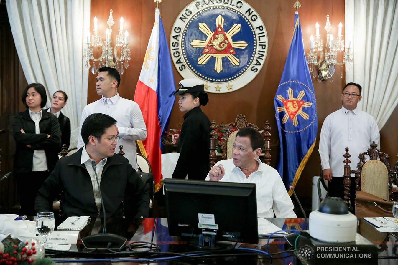 President Rodrigo Roa Duterte discusses matters with Cabinet Secretary Karlo Nograles prior to the start of the 43rd Cabinet Meeting at the Malacañan Palace on November 6, 2019. ALBERT ALCAIN/PRESIDENTIAL PHOTO