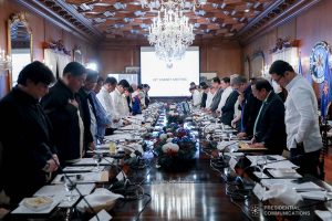 President Rodrigo Roa Duterte joins the members of the cabinet as they bow their heads in prayer prior to the start of the 43rd Cabinet Meeting at the Malacañan Palace on November 6, 2019. ACE MORANDANTE/PRESIDENTIAL PHOTO