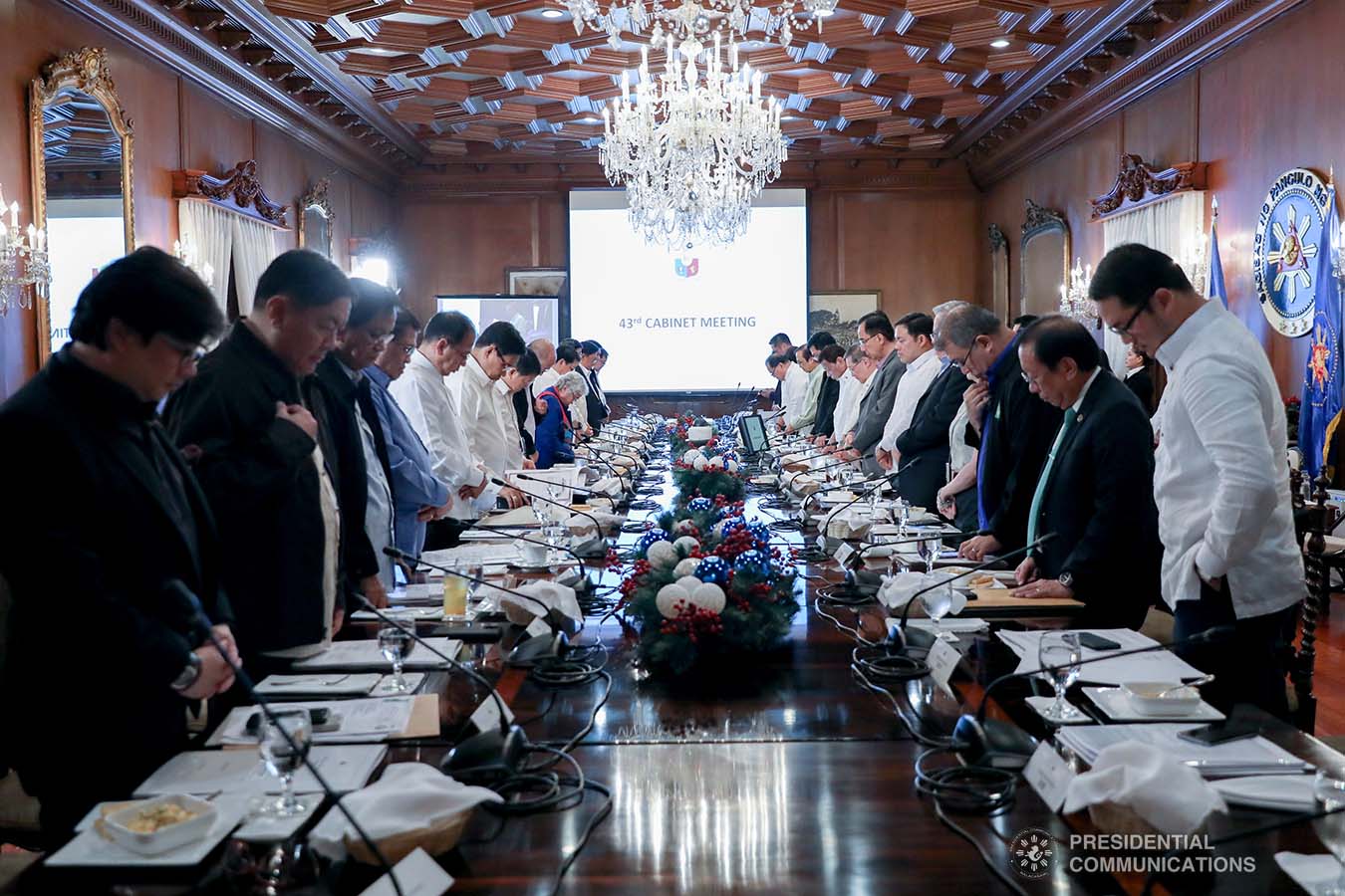 President Rodrigo Roa Duterte joins the members of the cabinet as they bow their heads in prayer prior to the start of the 43rd Cabinet Meeting at the Malacañan Palace on November 6, 2019. ACE MORANDANTE/PRESIDENTIAL PHOTO