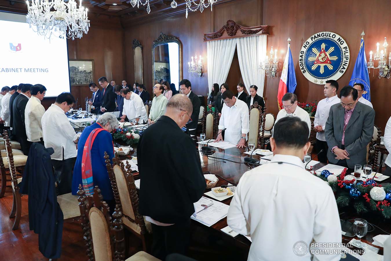 President Rodrigo Roa Duterte joins the members of the cabinet as they bow their heads in prayer prior to the start of the 43rd Cabinet Meeting at the Malacañan Palace on November 6, 2019. ACE MORANDANTE/PRESIDENTIAL PHOTO