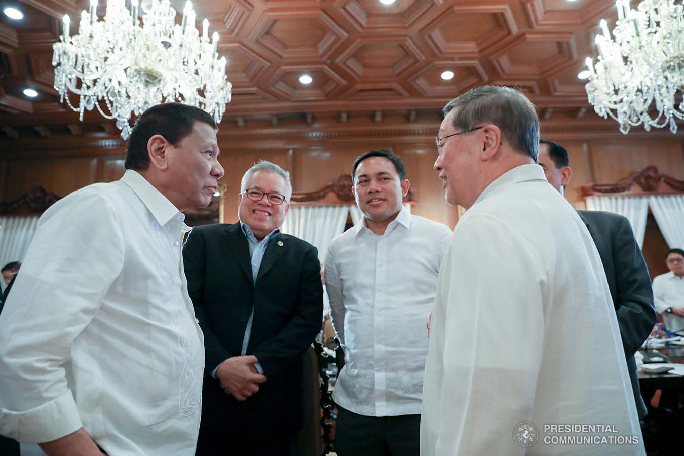 President Rodrigo Roa Duterte shares a light moment with Trade and Industry Secretary Ramon Lopez, Public Works and Highways Secretary Mark Villar, and Finance Secretary Carlos Dominguez III prior to the start of the 43rd Cabinet Meeting at the Malacañan Palace on November 6, 2019. ACE MORANDANTE/PRESIDENTIAL PHOTO