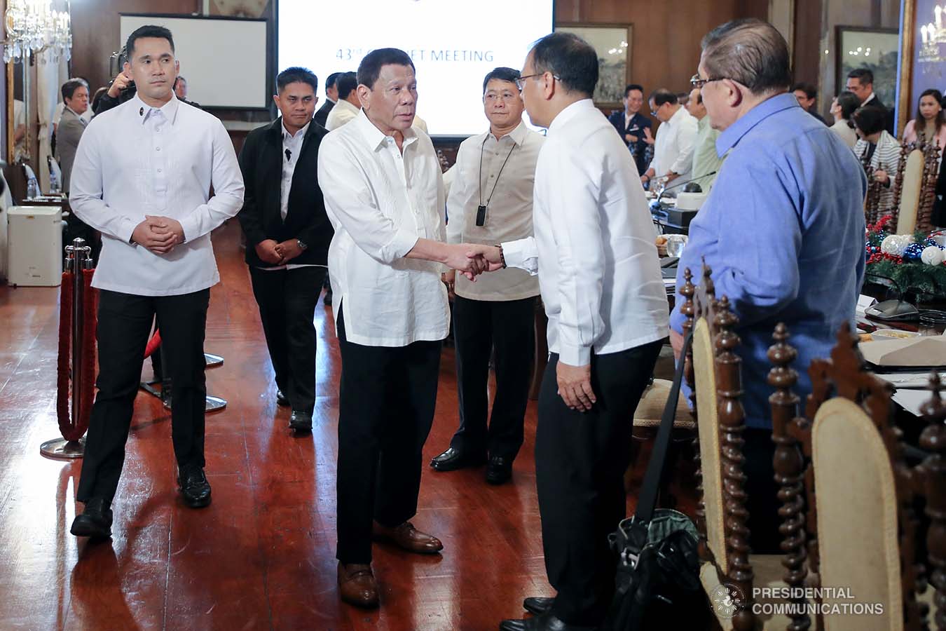 President Rodrigo Roa Duterte greets Presidential Adviser on the Peace Process Carlito Galvez Jr. prior to the start of the 43rd Cabinet Meeting at the Malacañan Palace on November 6, 2019. ALFRED FRIAS/PRESIDENTIAL PHOTO