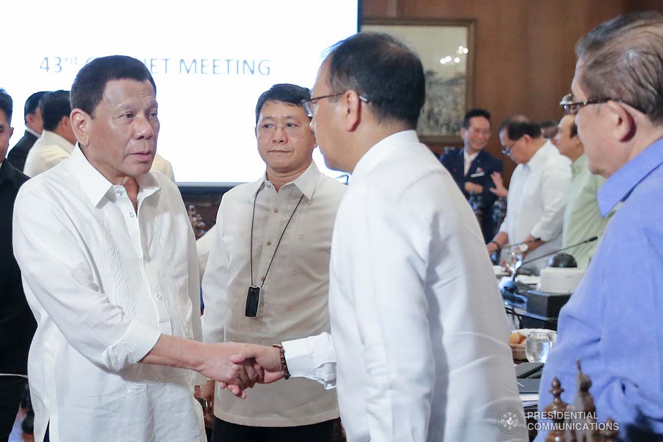 President Rodrigo Roa Duterte greets Presidential Adviser on the Peace Process Carlito Galvez Jr. prior to the start of the 43rd Cabinet Meeting at the Malacañan Palace on November 6, 2019. ALFRED FRIAS/PRESIDENTIAL PHOTO