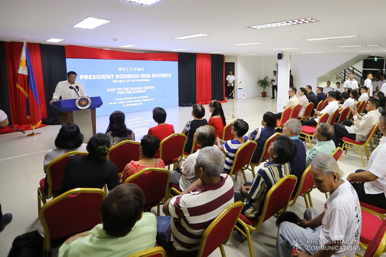 President Rodrigo Roa Duterte delivers his speech during his visit to the Taguig City Center for the Elderly on November 21, 2019. ALFRED FRIAS/PRESIDENTIAL PHOTO