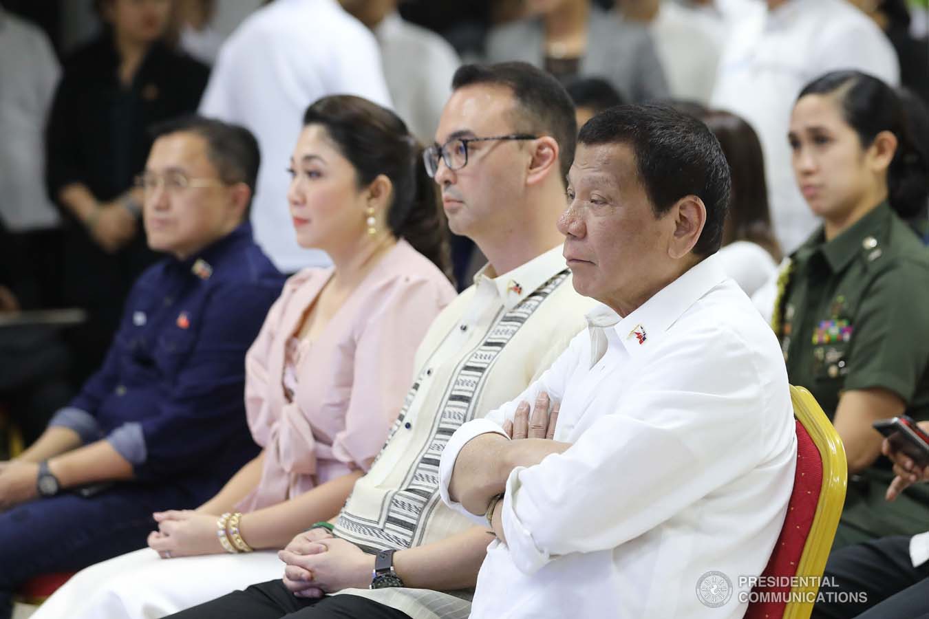 President Rodrigo Roa Duterte listens to the welcome remarks of Taguig City Mayor Lino Cayetano during the President's visit to the Taguig City Center for the Elderly on November 21, 2019. ALFRED FRIAS/PRESIDENTIAL PHOTO