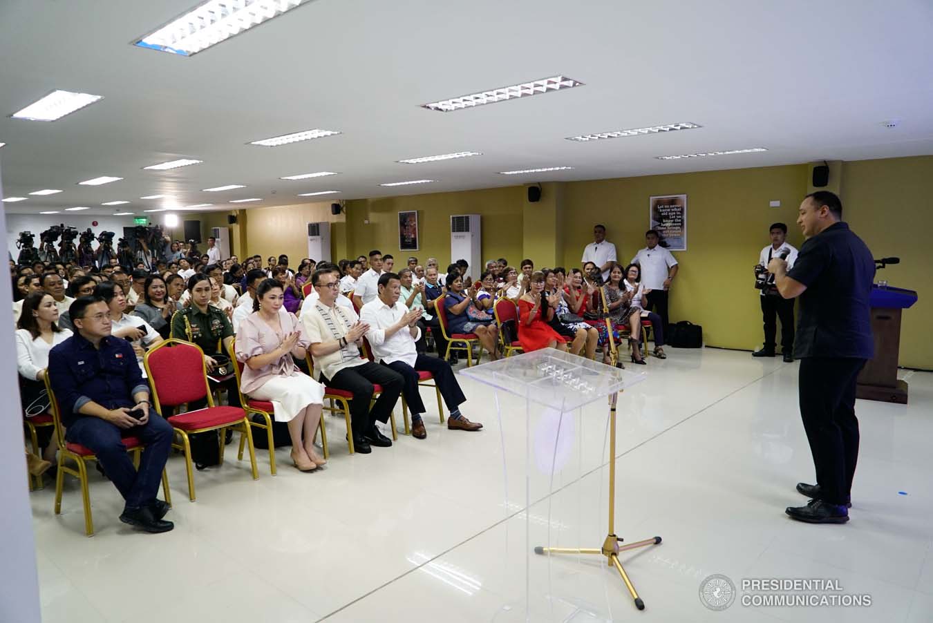 President Rodrigo Roa Duterte listens to the welcome remarks of Taguig City Mayor Lino Cayetano during the President's visit to the Taguig City Center for the Elderly on November 21, 2019. KING RODRIGUEZ/PRESIDENTIAL PHOTO