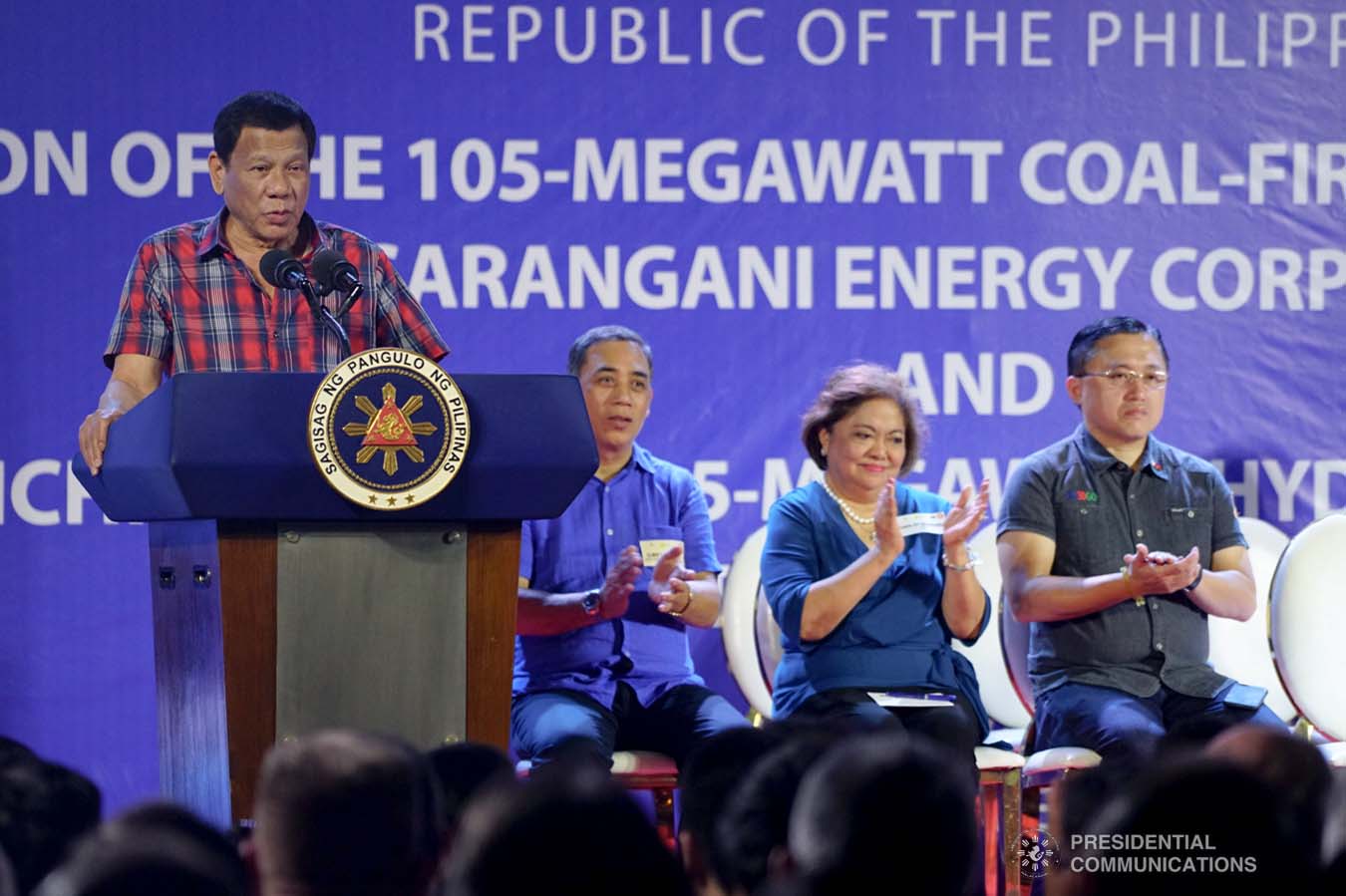 President Rodrigo Roa Duterte delivers his speech during the inauguration of the 105-Megawatt Coal-Fired Power Plant Phase 2 of Sarangani Energy Corporation and the launch of the 14.5-Megawatt Hydropower Project of Siguil Hydro Power Corporation in Maasim, Sarangani Province on November 22, 2019. JOEY DALUMPINES/PRESIDENTIAL PHOTO