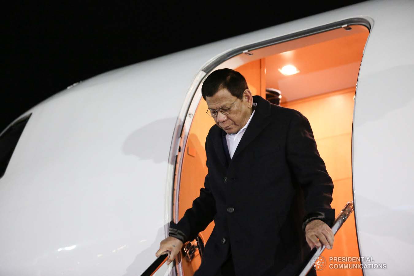 President Rodrigo Roa Duterte disembarks from a plane upon his arrival at the Gimhae Air Base in Busan, Republic of Korea on November 25, 2019. KARL NORMAN ALONZO/PRESIDENTIAL PHOTO