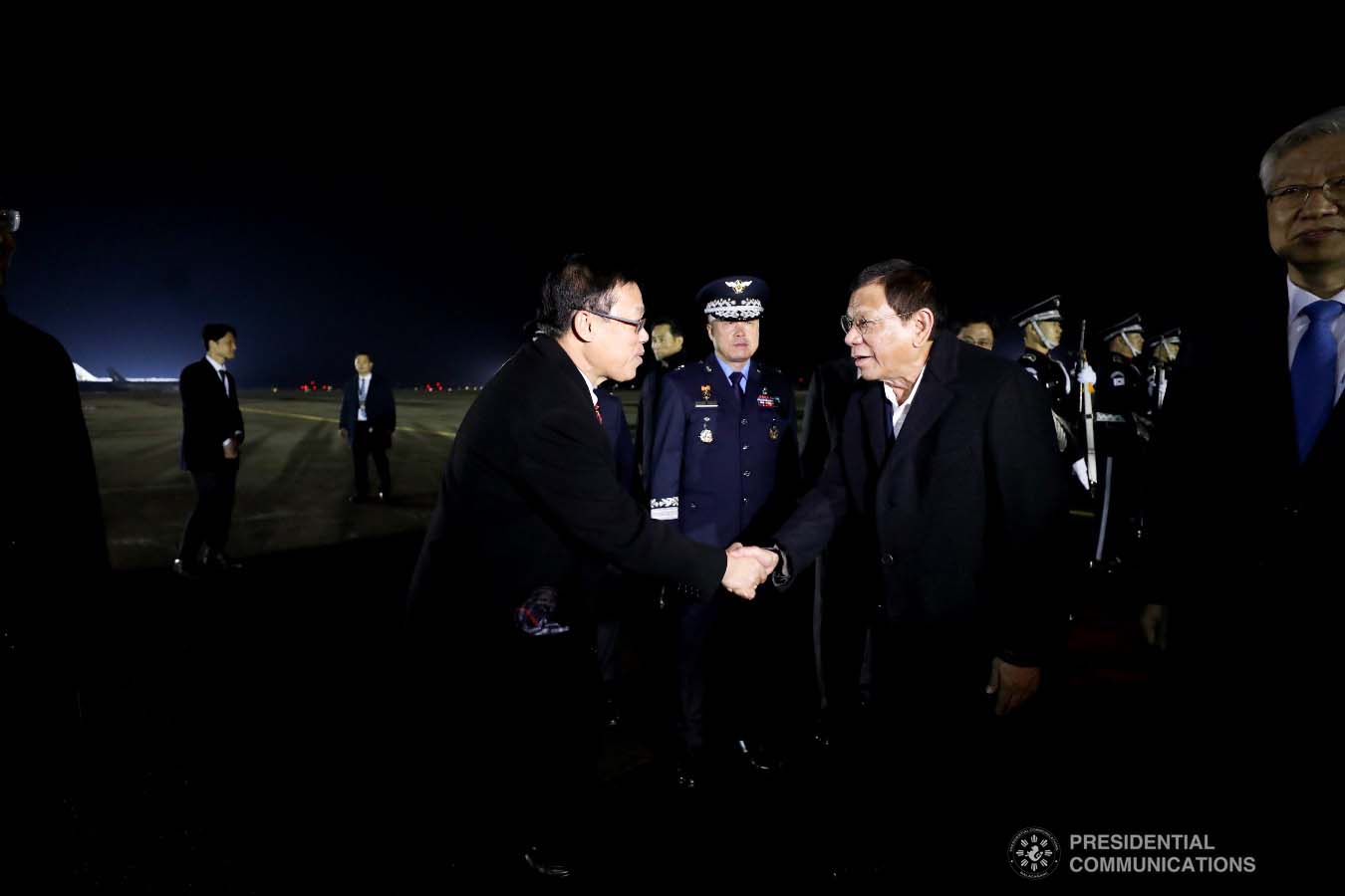 President Rodrigo Roa Duterte receives a warm welcome from the members of the reception party upon his arrival at the Gimhae Air Base in Busan, Republic of Korea on November 25, 2019. KARL NORMAN ALONZO/PRESIDENTIAL PHOTO