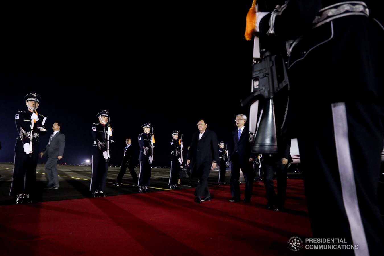 President Rodrigo Roa Duterte is accorded foyer honors upon his arrival at the Gimhae Air Base in Busan, Republic of Korea on November 25, 2019. KARL NORMAN ALONZO/PRESIDENTIAL PHOTO