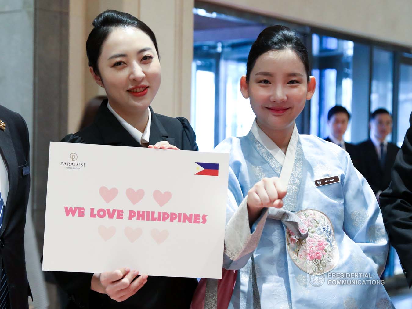 Staff of a hotel in Busan, Republic of Korea show their support for the Philippine delegation to the Association of Southeast Asian Nations (ASEAN)-Republic of Korea Commemorative Summit on November 26, 2019. ROBINSON NIÑAL JR./PRESIDENTIAL PHOTO
