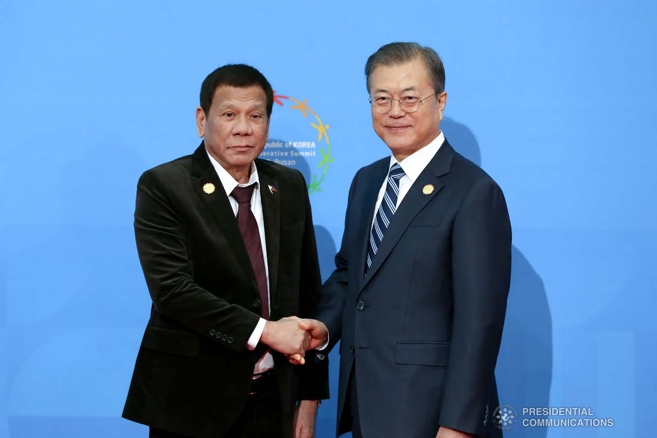 President Rodrigo Roa Duterte poses for posterity with Republic of Korea President Moon Jae-in prior to the start of the Association of Southeast Asian Nations (ASEAN)-Republic of Korea Commemorative Summit at the Busan Exhibition and Convention Center on November 26, 2019. KARL NORMAN ALONZO/PRESIDENTIAL PHOTO