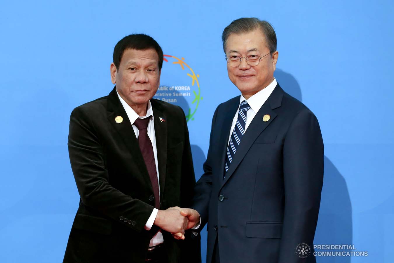 President Rodrigo Roa Duterte poses for posterity with Republic of Korea President Moon Jae-in prior to the start of the Association of Southeast Asian Nations (ASEAN)-Republic of Korea Commemorative Summit at the Busan Exhibition and Convention Center on November 26, 2019. KARL NORMAN ALONZO/PRESIDENTIAL PHOTO