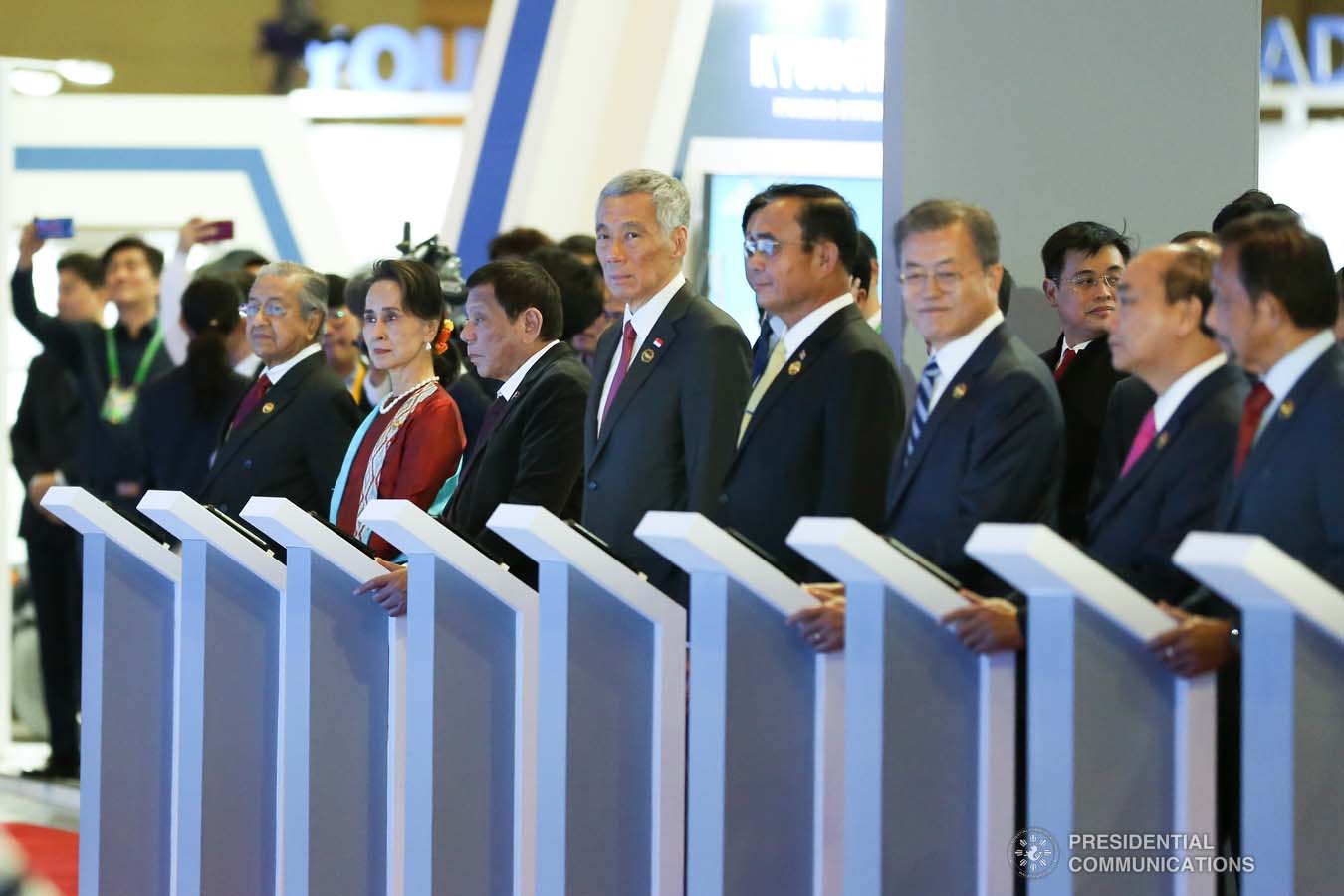 President Rodrigo Roa Duterte joins other leaders from the Association of Southeast Asian Nations (ASEAN) and Republic of Korea (ROK) President Moon Jae-in during the ASEAN-ROK Innovation Showcase 2019 at the Busan Exhibition and Convention Center on November 26, 2019. KARL NORMAN ALONZO/PRESIDENTIAL PHOTO