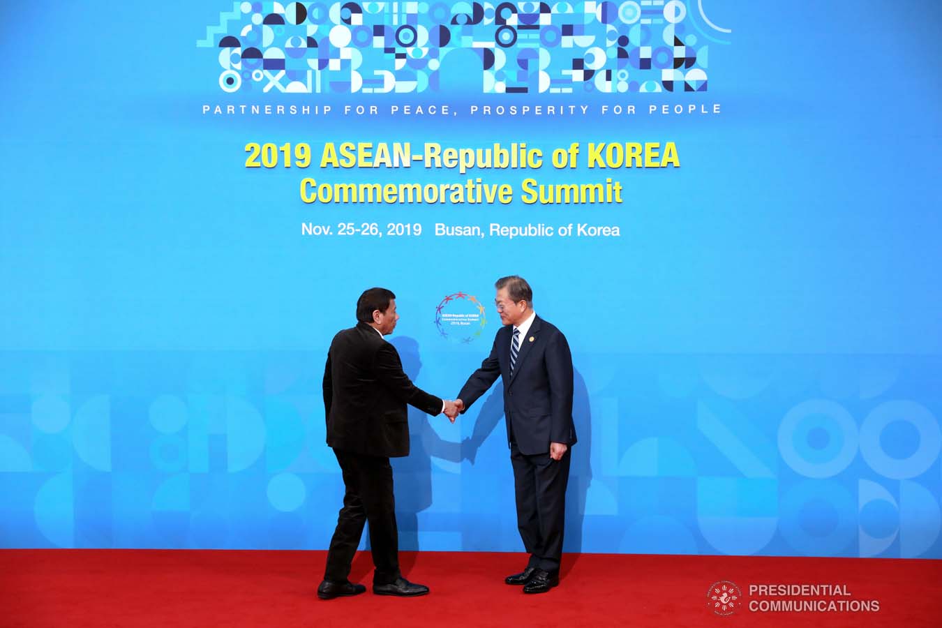 President Rodrigo Roa Duterte is welcomed by Republic of Korea President Moon Jae-in prior to the start of the Association of Southeast Asian Nations (ASEAN)-Republic of Korea Commemorative Summit at the Busan Exhibition and Convention Center on November 26, 2019. KARL NORMAN ALONZO/PRESIDENTIAL PHOTO