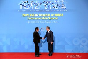 President Rodrigo Roa Duterte is welcomed by Republic of Korea President Moon Jae-in prior to the start of the Association of Southeast Asian Nations (ASEAN)-Republic of Korea Commemorative Summit at the Busan Exhibition and Convention Center on November 26, 2019. KARL NORMAN ALONZO/PRESIDENTIAL PHOTO