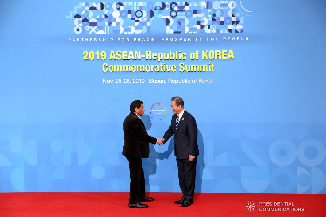 President Rodrigo Roa Duterte is welcomed by Republic of Korea President Moon Jae-in prior to the start of the Association of Southeast Asian Nations (ASEAN)-Republic of Korea Commemorative Summit at the Busan Exhibition and Convention Center on November 26, 2019. KARL NORMAN ALONZO/PRESIDENTIAL PHOTO