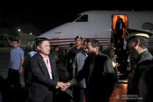 President Rodrigo Roa Duterte is congratulated by Senator Christopher "Bong" Go upon his arrival at the Villamor Air Base in Pasay City on November 26, 2019 after his successful participation in the Association of Southeast Asian Nations (ASEAN)-Republic of Korea Commemorative Summit in Busan. ALFRED FRIAS/PRESIDENTIAL PHOTO
