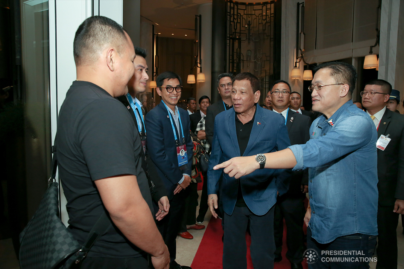 President Rodrigo Roa Duterte meets some Philippine delegates to the 35th Association of Southeast Asian Nations (ASEAN) Summit and Related Summits upon his arrival at a hotel in Bangkok, Thailand on November 1, 2019. With the President is Senator Christopher "Bong" Go. ALBERT ALCAIN/PRESIDENTIAL PHOTO