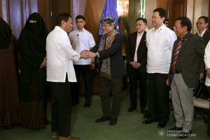 President Rodrigo Roa Duterte welcomes Moro National Liberation Front Founding Chairman Nur Misuari at the Malacañan Palace on November 11, 2019. ALBERT ALCAIN/PRESIDENTIAL PHOTO