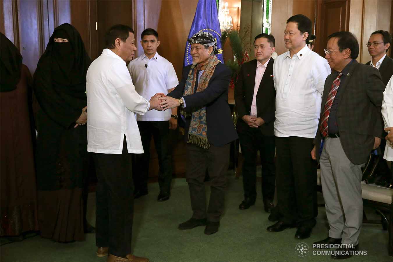 President Rodrigo Roa Duterte welcomes Moro National Liberation Front Founding Chairman Nur Misuari at the Malacañan Palace on November 11, 2019. ALBERT ALCAIN/PRESIDENTIAL PHOTO