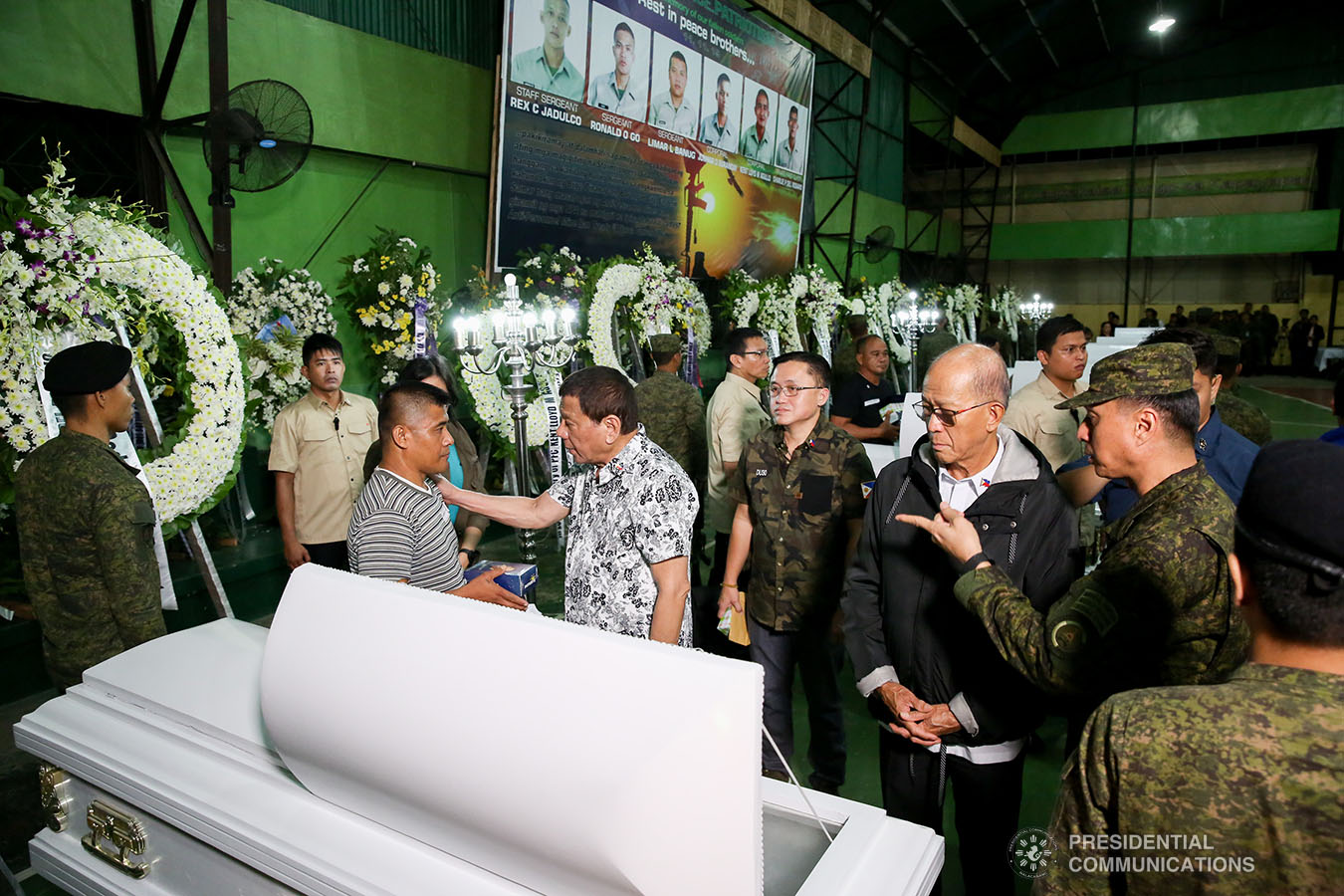 President Rodrigo Roa Duterte condoles with the kin of one of the slain soldiers he visited at Camp General Vicente Lukban in Catbalogan City in Samar on November 15, 2019. ALBERT ALCAIN/PRESIDENTIAL PHOTO