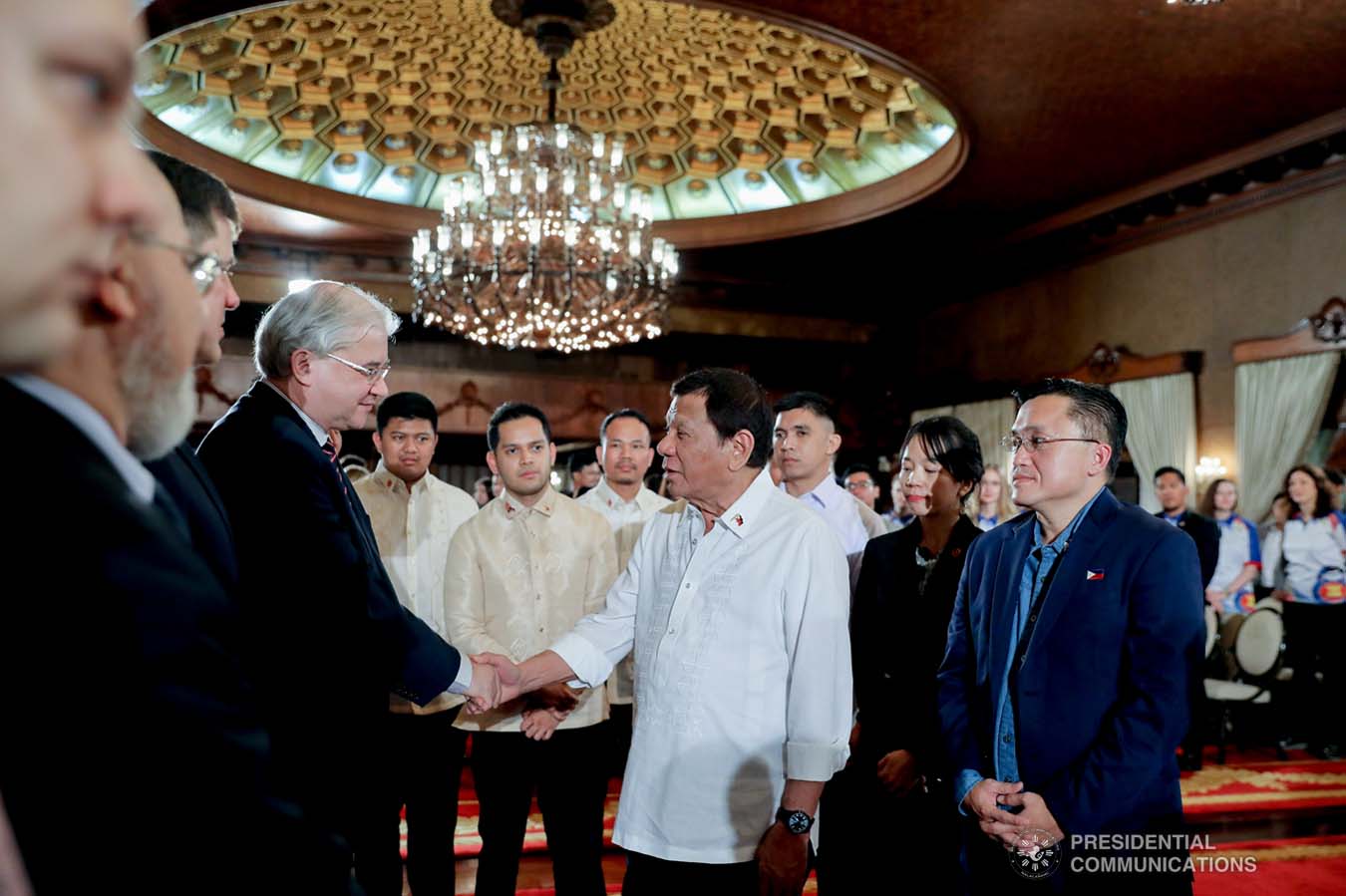 President Rodrigo Roa Duterte greets Russian Ambassador to the Philippines Igor Khovaev as he meets the delegates of the 5th Association of Southeast Asian Nations (ASEAN)-Russia Youth Summit at the Malacañan Palace on November 29, 2019. ALFRED FRIAS/PRESIDENTIAL PHOTO