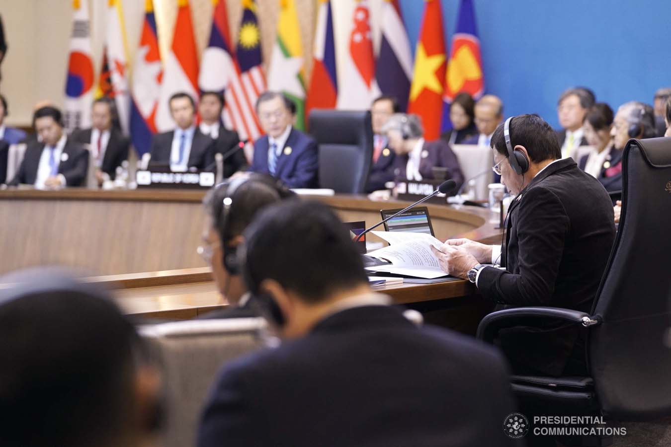 President Rodrigo Roa Duterte joins other leaders from the Association of Southeast Asian Nations (ASEAN) and Republic of Korea President Moon Jae-in during the plenary session of the ASEAN-Republic of Korea Commemorative Summit at the Busan Exhibition and Convention Center on November 26, 2019. ARMAN BAYLON/PRESIDENTIAL PHOTO
