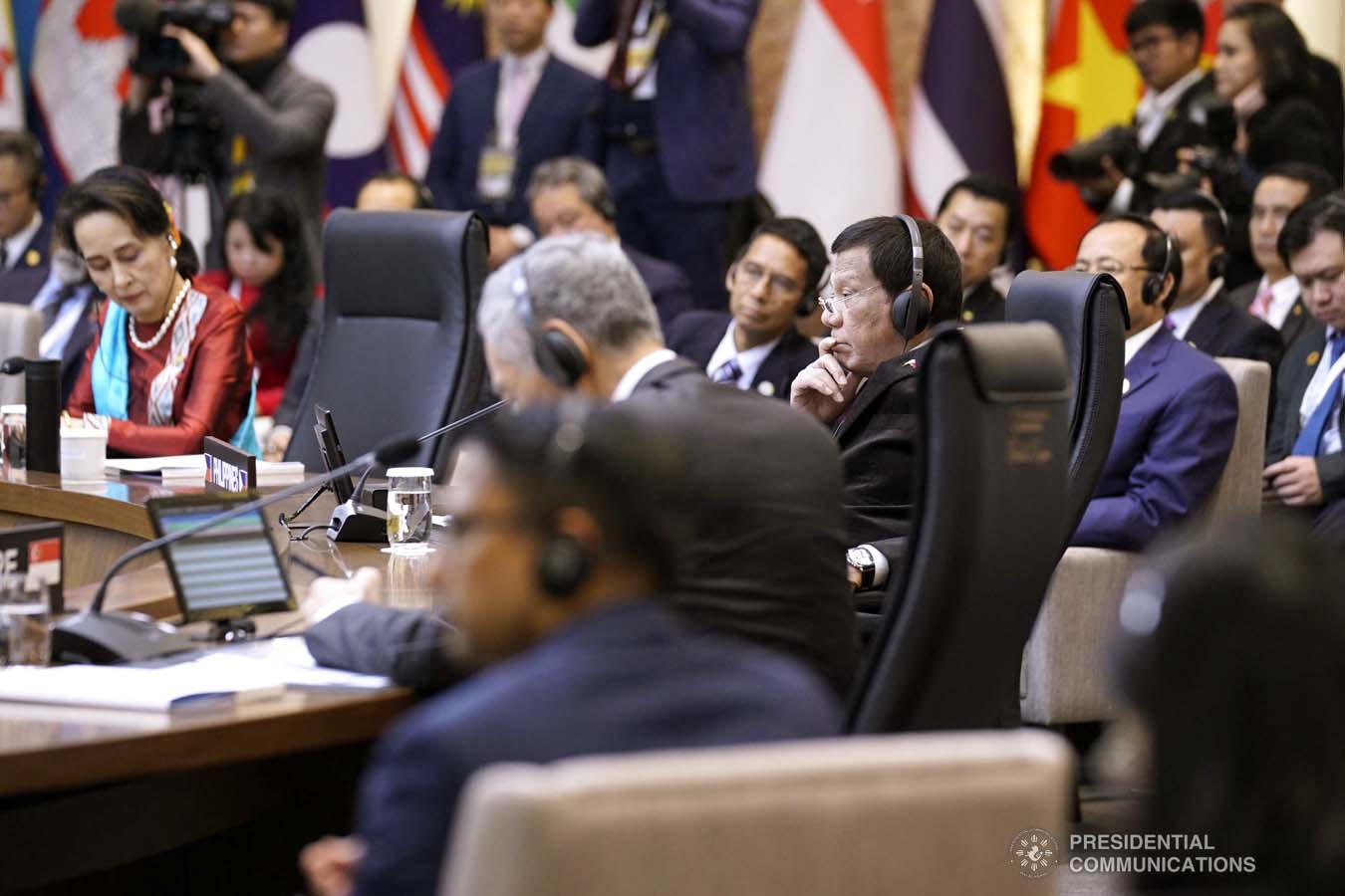 President Rodrigo Roa Duterte joins other leaders from the Association of Southeast Asian Nations (ASEAN) and Republic of Korea President Moon Jae-in during the plenary session of the ASEAN-Republic of Korea Commemorative Summit at the Busan Exhibition and Convention Center on November 26, 2019. ARMAN BAYLON/PRESIDENTIAL PHOTO