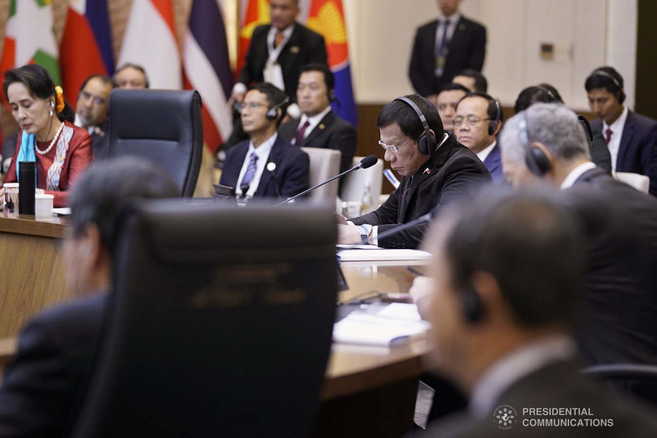 President Rodrigo Roa Duterte joins other leaders from the Association of Southeast Asian Nations (ASEAN) and Republic of Korea President Moon Jae-in during the plenary session of the ASEAN-Republic of Korea Commemorative Summit at the Busan Exhibition and Convention Center on November 26, 2019. ARMAN BAYLON/PRESIDENTIAL PHOTO