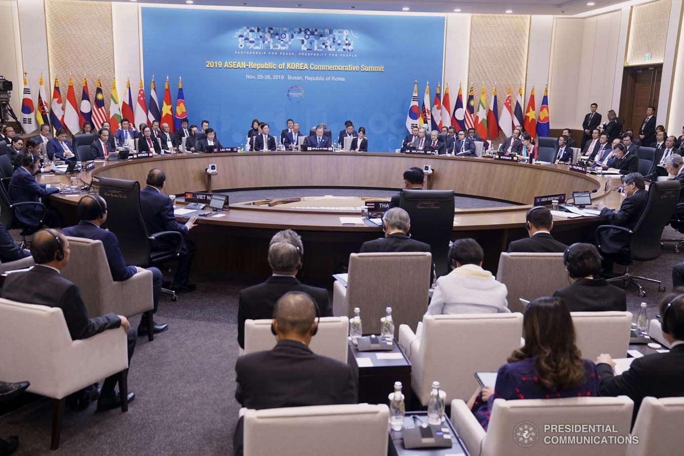 President Rodrigo Roa Duterte joins other leaders from the Association of Southeast Asian Nations (ASEAN) and Republic of Korea President Moon Jae-in during the plenary session of the ASEAN-Republic of Korea Commemorative Summit at the Busan Exhibition and Convention Center on November 26, 2019. ARMAN BAYLON/PRESIDENTIAL PHOTO
