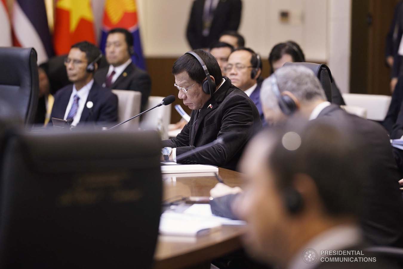President Rodrigo Roa Duterte joins other leaders from the Association of Southeast Asian Nations (ASEAN) and Republic of Korea President Moon Jae-in during the plenary session of the ASEAN-Republic of Korea Commemorative Summit at the Busan Exhibition and Convention Center on November 26, 2019. ARMAN BAYLON/PRESIDENTIAL PHOTO