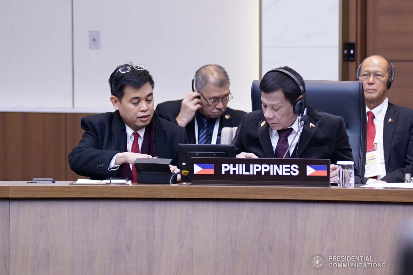 President Rodrigo Roa Duterte joins other leaders from the Association of Southeast Asian Nations (ASEAN) and Republic of Korea President Moon Jae-in during the plenary session of the ASEAN-Republic of Korea Commemorative Summit at the Busan Exhibition and Convention Center on November 26, 2019. ARMAN BAYLON/PRESIDENTIAL PHOTO