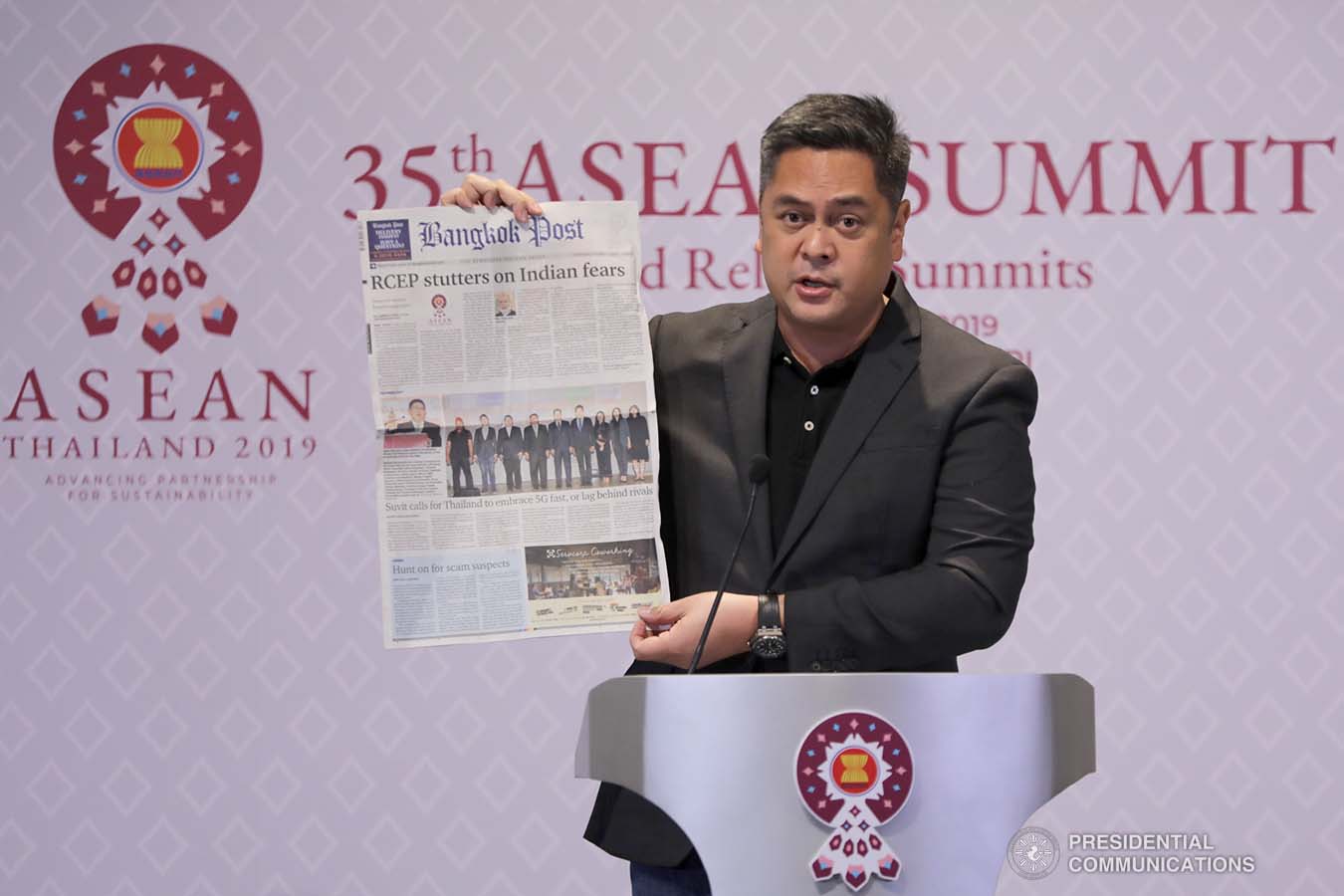 Presidential Communications Operations Office Secretary Martin Andanar holds a press conference for the Malacañang Press Corps (MPC) at the Impact Challenger in Nonthaburi, Thailand on November 1, 2019. AVITO DALAN/PRESIDENTIAL PHOTO