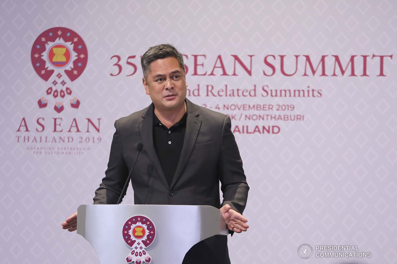 Presidential Communications Operations Office Secretary Martin Andanar holds a press conference for the Malacañang Press Corps (MPC) at the Impact Challenger in Nonthaburi, Thailand on November 1, 2019. AVITO DALAN/PRESIDENTIAL PHOTO