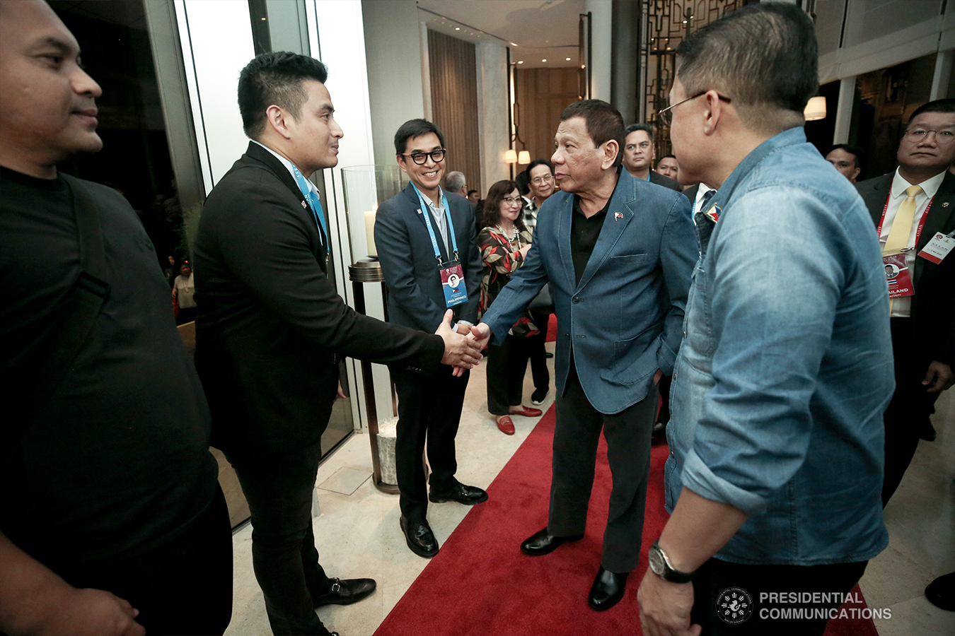 President Rodrigo Roa Duterte meets some Philippine delegates to the 35th Association of Southeast Asian Nations (ASEAN) Summit and Related Summits upon his arrival at a hotel in Bangkok, Thailand on November 1, 2019. With the President is Senator Christopher "Bong" Go. SIMEON CELI JR./PRESIDENTIAL PHOTO